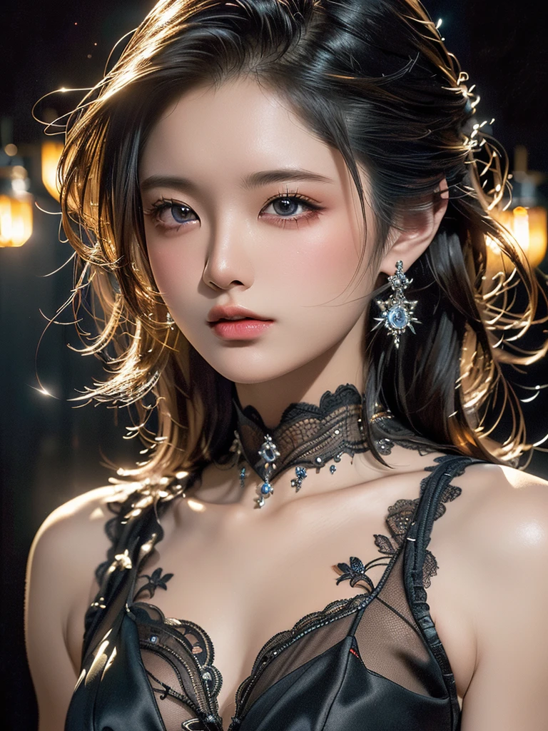 (Skin dents:1.5), Realistic, Realistic, (masterpiece:1.5), Concept Art, Intricate details, Very detailed, Realistic, Octane Rendering, 8k, Unreal Engine, Dynamic pose, Highest quality, High resolution, (Realistic Face:1.1), (超Realistic:1.1), ((full_body)), Perfect Eyes,(Shiny skin:1.2), (((Hairstyle))), (((perfect hand 1.5))), (Very detailed背景), ((Dynamic Background)), (Light), ((fine grain, High quality eyes, High quality face)), (((flowing Hairstyle))), wonderful, Written boundary depth, Bokeh, 4K, ((Gothic 1.5)),, Lightning, Glowing blue iris, (((Gorgeous see-through dress for the evening)1.5)),Glittering necklace and earrings、Full body photo、