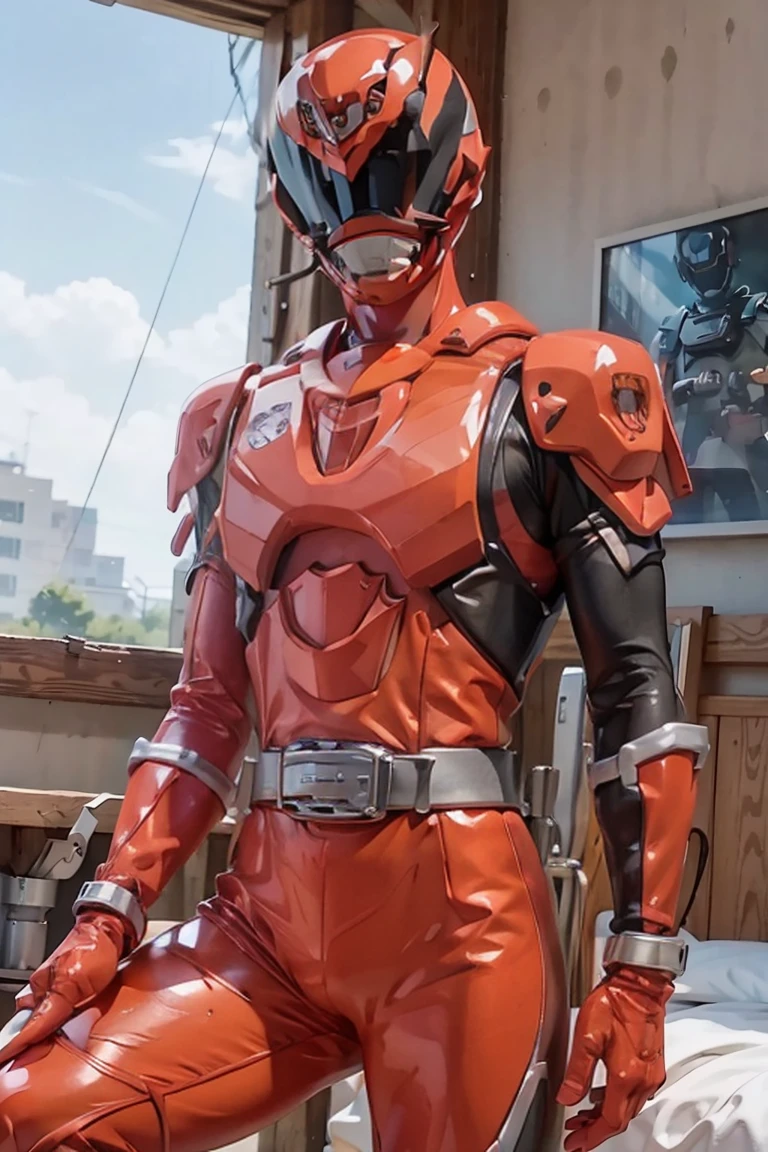 Dark-haired schoolboy in swimming trunks lying on bed , power suit, powerranger, suit, spd, (Power ranger suit), gold detail, masked,