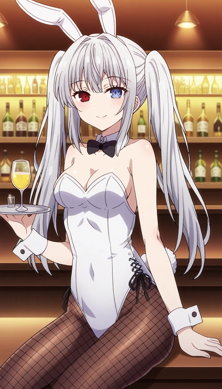1girl, solo, long hair, breasts, looking at viewer, smile, blue eyes, red eyes, bow, animal ears, twintails, medium breasts, sitting, tail, white hair, pantyhose, indoors, bowtie, rabbit ears, leotard, cup, wrist cuffs, black pantyhose, strapless, black bow, detached collar, fake animal ears, heterochromia, playboy bunny, rabbit tail, fishnets, drinking glass, strapless leotard, black bowtie, white leotard, fishnet pantyhose