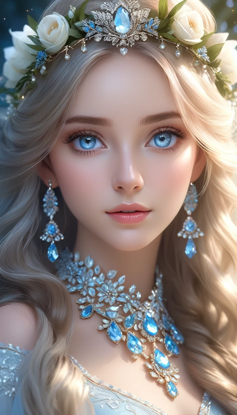 a beautiful young woman with piercing light blue eyes, long eyelashes, delicate facial features, detailed skin texture, flowing hair, serene expression, soft lighting, ethereal atmosphere, intricate floral crown, ornate jewelry, (best quality,4k,8k,highres,masterpiece:1.2),ultra-detailed,(realistic,photorealistic,photo-realistic:1.37),cinematic lighting,highly detailed portrait,elegant,graceful,serene