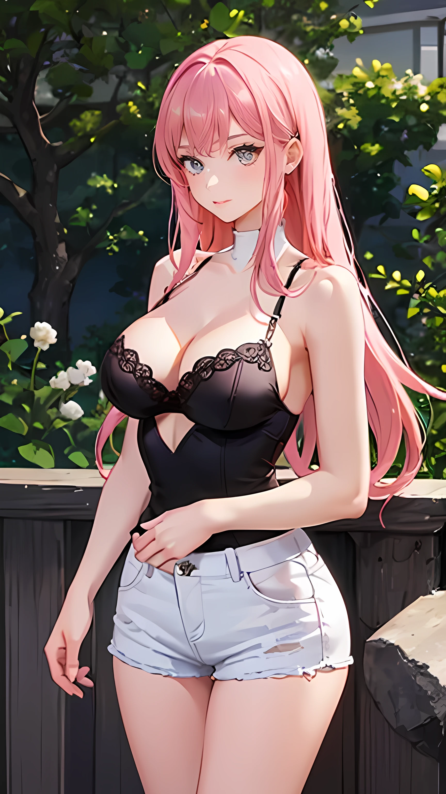 1 girl, Solitary, White shirt,,Short jeans skirt,Look at the audience 1:5,Big breasts and breasts,Perfect body pink hair long hair,The background is the garden,Black lingerie,Low-cut dress