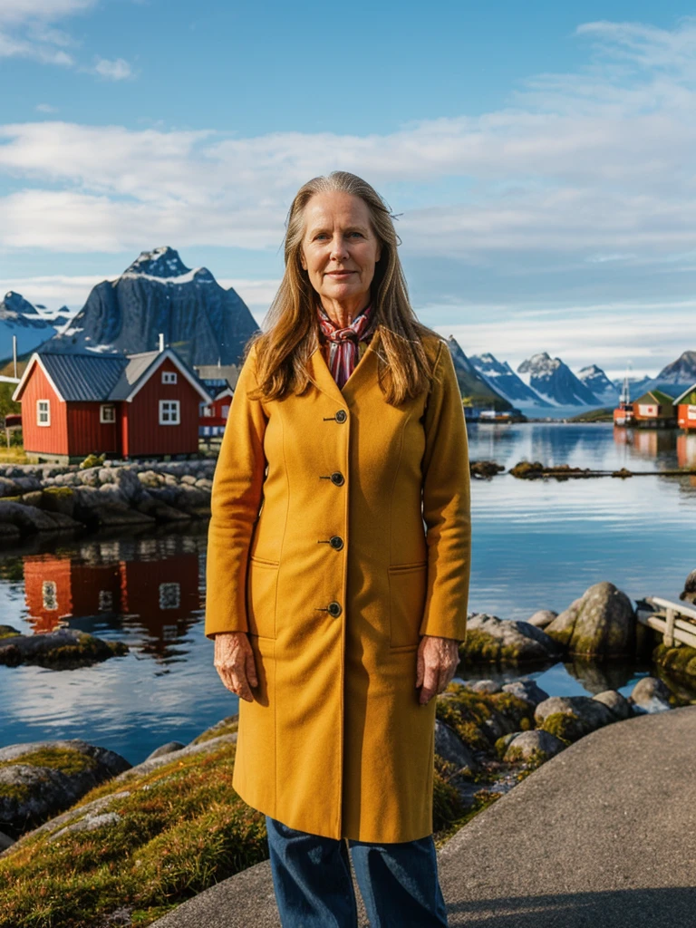 Liv Ullman, her name is Freydis, high quality, 1 old woman, ((50-year-old SLIM dutch woman)), ((50 years old)), (((wrinkled body))), ((((old body)))), (((LONG HAIR))), (((no make up))), (pale skin), (((blue eyes))), she is wearing stylish COLORFUL Generation X wear different colors, POSE: standing, classy, elegant, BACKGROUND: outdoor: Lofoten Islands: Quaint fishing villages with traditional red or yellow wooden cabins (rorbuer) along the shoreline.