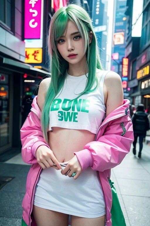 Women, realistic character, green hair with pink highlights, Blue eyes, cheered up, alone, modern, cyberpunk