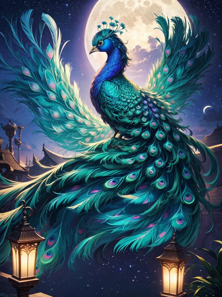 Highest quality,Highest Resolution,4K quality,1Feathered peacock,Spread your wings,front,moonlight,Starry Sky,Night Sky,lake,