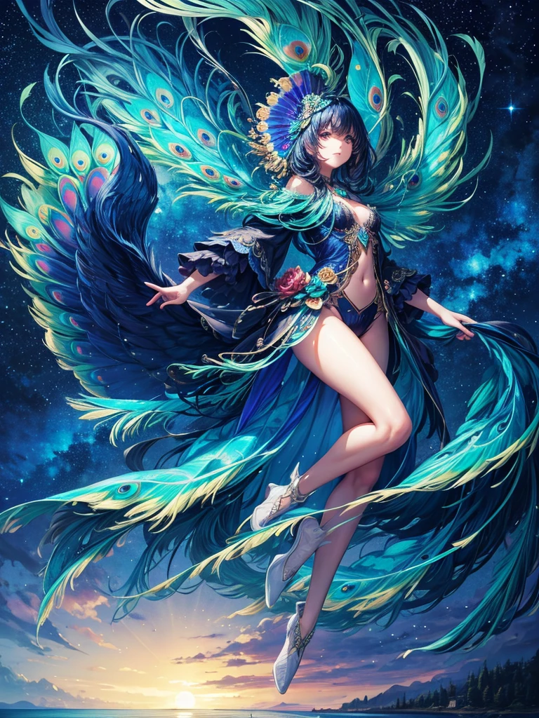 Highest quality,Highest Resolution,4K quality,1Feathered peacock,Spread your wings,front,moonlight,Starry Sky,Night Sky,lake,