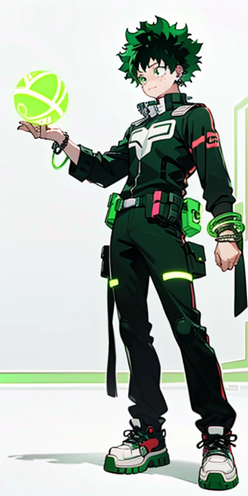 (((My Hero Academia Style))), (((Izuku Midoriya))), ((1boy)), (((solo))), ((Young Male)), ((single Character)), ((green eyes)), ((black eyeshadow)), ((ear piercings)), ((emo clothes)), ((punk clothes)), ((emo Style)), ((Punk Style)), ((Neon Green Glowing Symmetrical Cyberpunk Bracelets)), ((Symmetrical Cyberpunk Bracelets)), ((Neon Green Glowing Cyberpunk Bracelets)), ((Cyberpunk Bracelets)), ((Glowing Bracelets)), ((neon green bracelets)), ((neon green glowing bracelets)), ((red sneakers)), ((holding neon green energy orb)), ((holding energy orb)), ((holding orb neon green)), ((holding orb)), ((energy orb)), ((neon green energy orb)), ((perfect anatomy)), ((perfect hands)), ((perfect face)), ((super detailed)), 