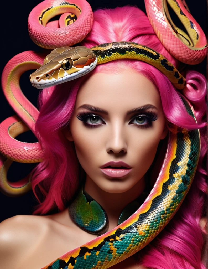 very attractive 25 year old girl with long bright pink hair, a close up of a woman holding a snake over her head, snake-face lady, mixed with snake, with snakes for hair, snake woman, with the head of a snake, queen of snakes, snakes for hair, her many snakes as hair, snake woman hybrid, holding a snake, snake human hybrid, snake oil skin, inspired by Hedi Xandt, skin pores, ski. Textures , masterpiece, 8k, analog film