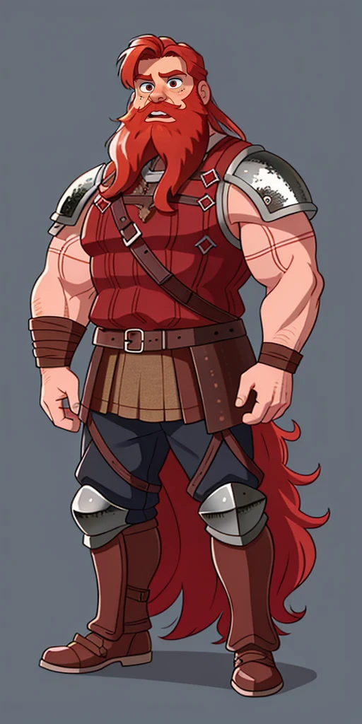 Ingólfr Einarr is a 40-year-old red-haired Viking man with a full and long beard, extroverted, muscular and very attractive, who wears his imposing medieval armor. hyper detailed and super realistic. cartoon style
