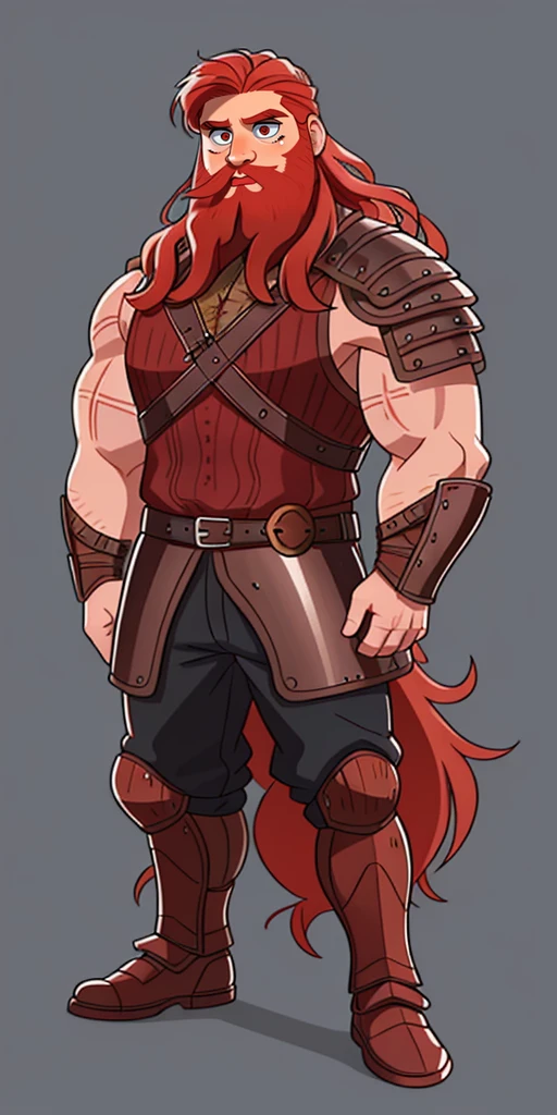 Ingólfr Einarr is a 40-year-old red-haired Viking man with a full and long beard, extroverted, muscular and very attractive, who wears his imposing medieval armor. hyper detailed and super realistic. cartoon style