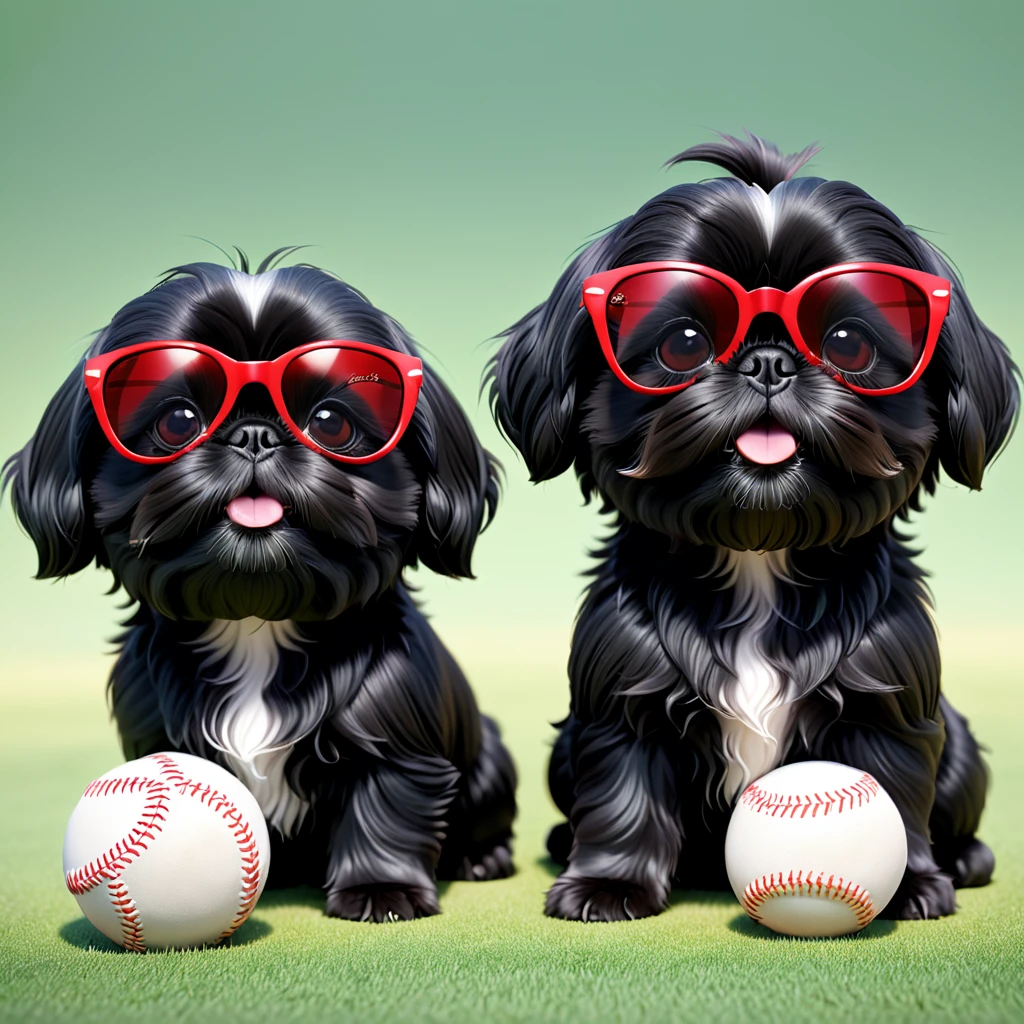 2 Adorable small black Shih Tzu puppies red sunglasses baseball 3d cartoon 3d render disney pixar style