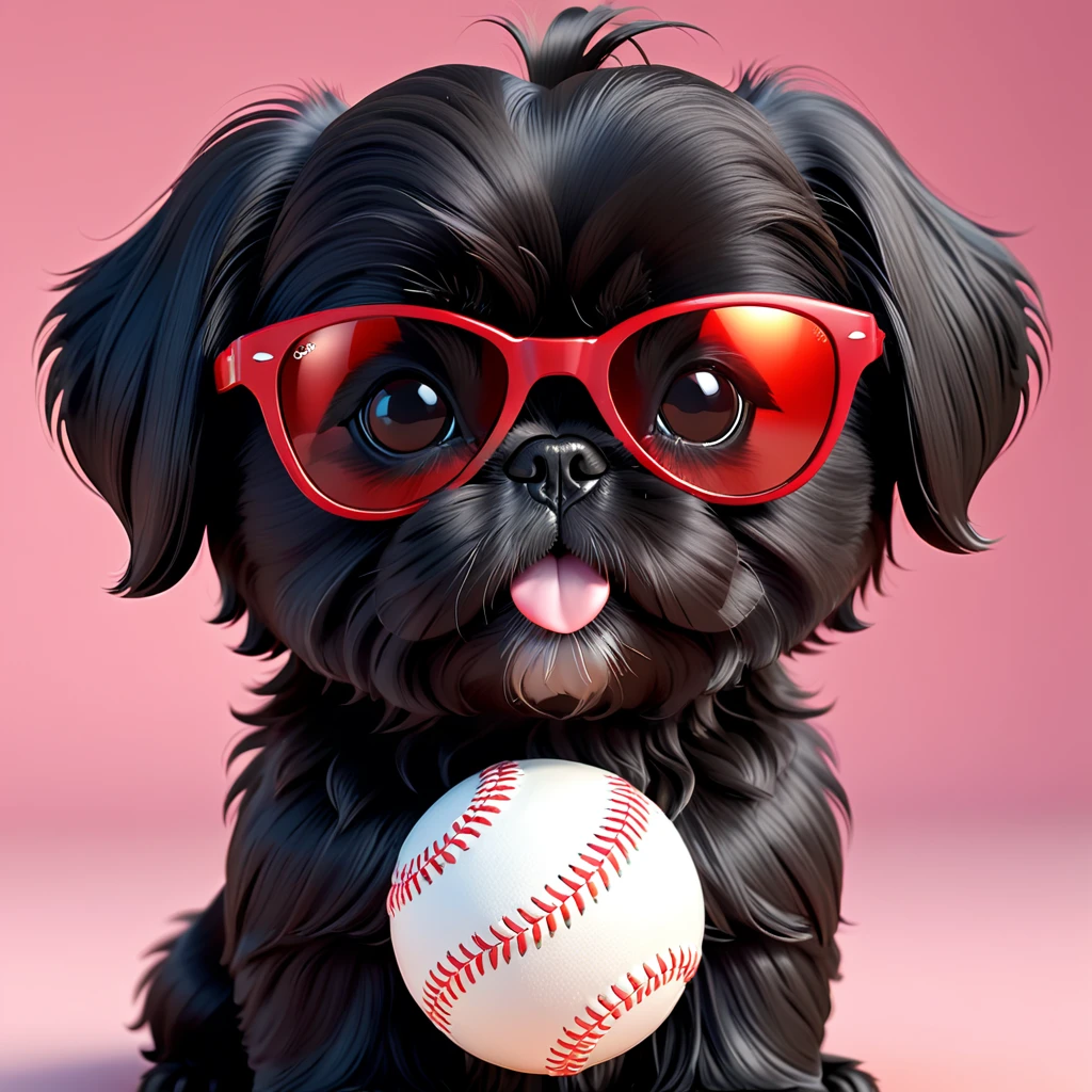 2 Adorable small black Shih Tzu puppies red sunglasses baseball 3d cartoon 3d render disney pixar style