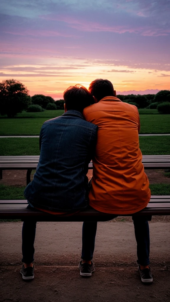 
“Two people sit side by side on a park bench, both looking away from each other. The evening sky is painted with hues of orange and purple, casting long shadows around them. Despite their physical proximity, there is a palpable distance between them. Their faces reflect a mix of melancholy and resignation, each lost in their own world. The scene captures the essence of being together yet feeling profoundly alone.”