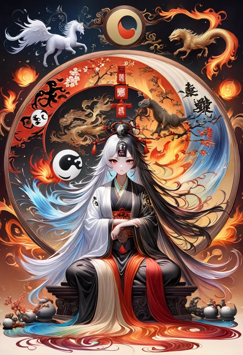(, balance, yin-yang), Chinese silk painting, Principles of Tai Chi, Fluid Movement, Interrelated elements, Interaction of opposing forces, Taoism哲学, Somewhat《I Ching》the taste of, Warm and cool color palettes, Reflective Art, Inspired by Lao Tzu, Zhuangzi, Yin-Yang diagram, taijitu, Gossip, Fusion with matter,1 Girl,Solitary,Taoism, Invoke Magic, light, Ice and Fire, Gossip背景, Gossip图, yi yang, Taoism practice, Mediation Conference, Buddha sitting, Spiralosaurus, Yunlong is at the top, 8K