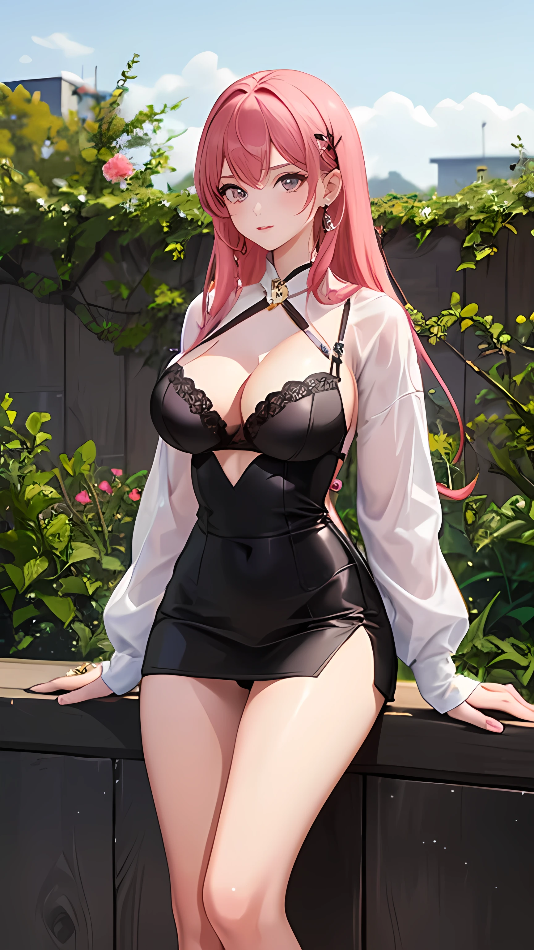 1 girl, Solitary, White shirt,,Short jeans skirt,Look at the audience 1:5,Big breasts and breasts,Perfect body pink hair long hair,The background is the garden,Black lingerie,Low-cut dress