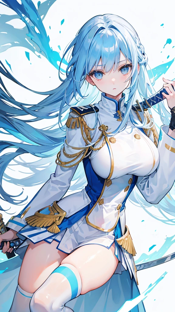 light sky blue hair, cold expression, neat white uniform, holding a sword, very large breasts, long straight hair