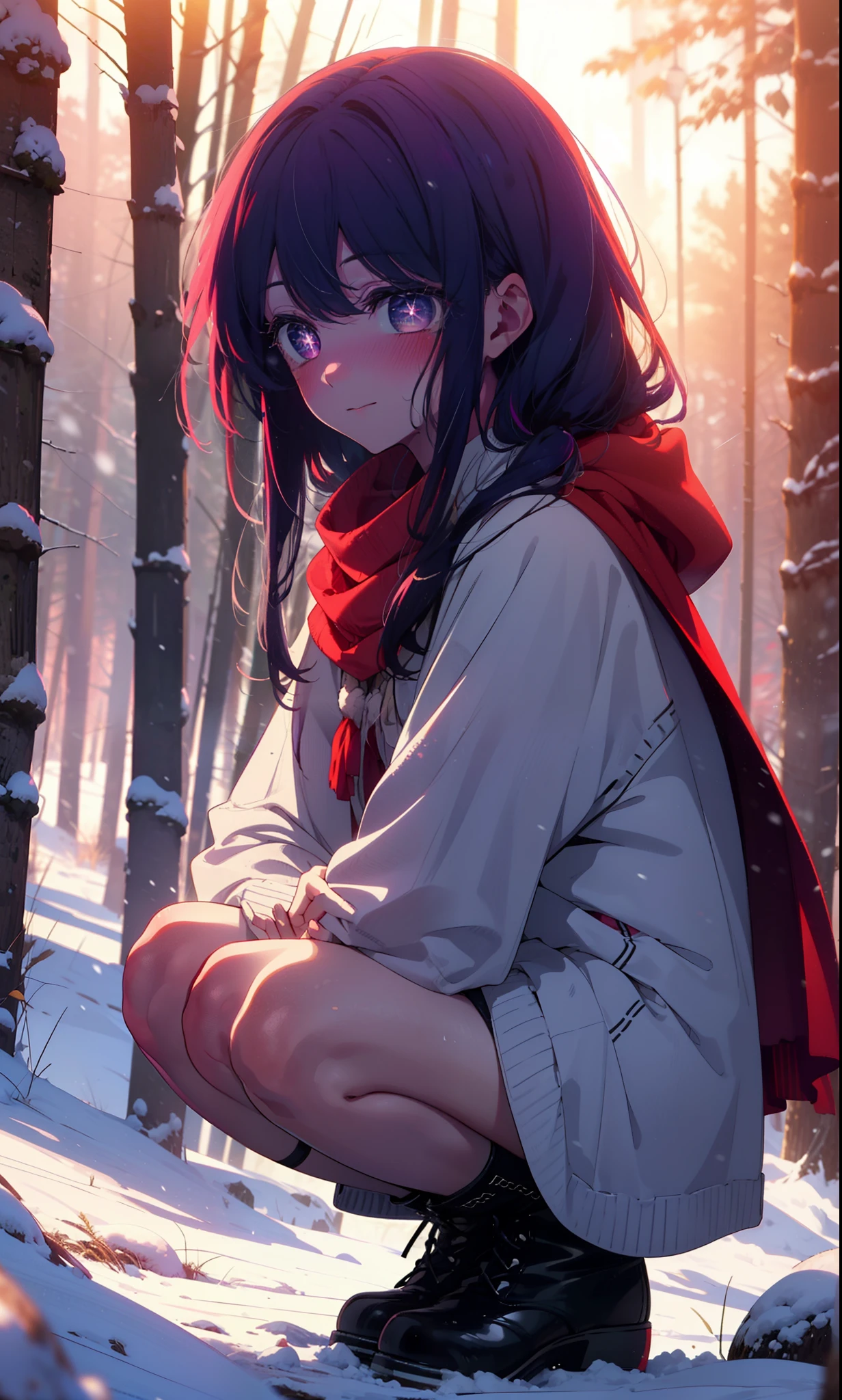 aihoshino, Ai Hoshino, Long Hair, bangs, (Purple eyes:1.1), Purple Hair, (Symbol-shaped pupil:1.5), smile,,smile,blush,White Breath,
Open your mouth,snow,Ground bonfire, Outdoor, boots, snowing, From the side, wood, suitcase, Cape, Blurred, , forest, White handbag, nature,  Squat, Mouth closed, Cape, winter, Written boundary depth, Black shoes, red Cape break looking at viewer, Upper Body, whole body, break Outdoor, forest, nature, break (masterpiece:1.2), Highest quality, High resolution, unity 8k wallpaper, (shape:0.8), (Beautiful and beautiful eyes:1.6), Highly detailed face, Perfect lighting, Extremely detailed CG, (Perfect hands, Perfect Anatomy),