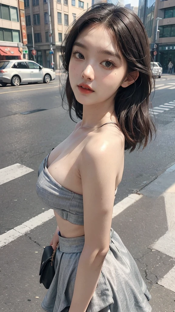 ((Best quality, 8K, tmasterpiece:1.3)), focal point:1.2,Bust photo,upper legs,Ultra-realistic skin texture,Beautiful woman with perfect body:1.4, Upturned buttocks:1.2, ((Cut hair into layers, normal:1.2)), , (Sateen, the street:1.3), Bandeau Dress:1.1, Highly Detailed Face and Skin Textur, Detailed eyes, double eyelid,Whitening Skin,Long gray hair,(with a round face:1.5),Superskirt,nipple bump,Drenched