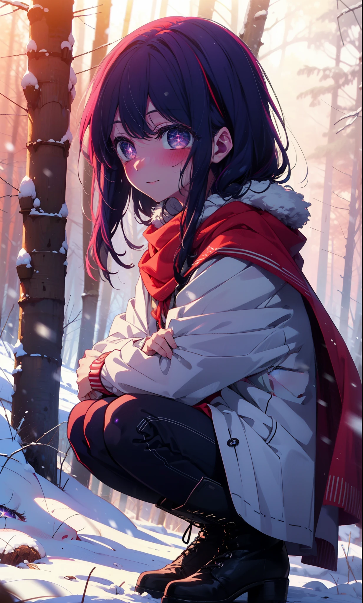 aihoshino, Ai Hoshino, Long Hair, bangs, (Purple eyes:1.1), Purple Hair, (Symbol-shaped pupil:1.5), smile,,smile,blush,White Breath,
Open your mouth,snow,Ground bonfire, Outdoor, boots, snowing, From the side, wood, suitcase, Cape, Blurred, , forest, White handbag, nature,  Squat, Mouth closed, Cape, winter, Written boundary depth, Black shoes, red Cape break looking at viewer, Upper Body, whole body, break Outdoor, forest, nature, break (masterpiece:1.2), Highest quality, High resolution, unity 8k wallpaper, (shape:0.8), (Beautiful and beautiful eyes:1.6), Highly detailed face, Perfect lighting, Extremely detailed CG, (Perfect hands, Perfect Anatomy),