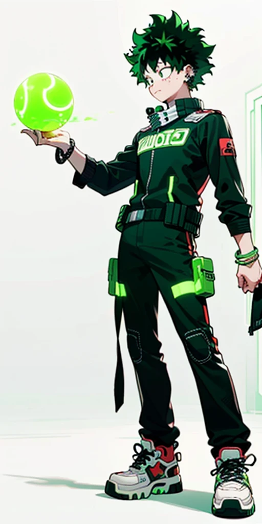 (((My Hero Academia Style))), (((Izuku Midoriya))), ((1boy)), (((solo))), ((Young Male)), ((single Character)), ((green eyes)), ((black eyeshadow)), ((ear piercings)), ((emo clothes)), ((punk clothes)), ((emo Style)), ((Punk Style)), ((Neon Green Glowing Symmetrical Cyberpunk Bracelets)), ((Symmetrical Cyberpunk Bracelets)), ((Neon Green Glowing Cyberpunk Bracelets)), ((Cyberpunk Bracelets)), ((Glowing Bracelets)), ((neon green bracelets)), ((neon green glowing bracelets)), ((red sneakers)), ((holding neon green energy orb)), ((holding energy orb)), ((holding orb neon green)), ((holding orb)), ((energy orb)), ((neon green energy orb)), ((perfect anatomy)), ((perfect hands)), ((perfect face)), ((super detailed)), 