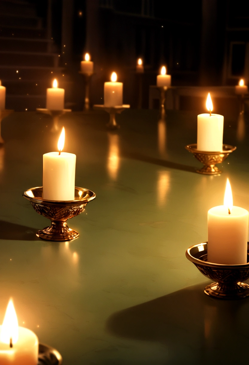 On a table covered with green damask、The lights are turned off and one candle is lit