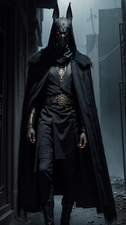 (best qualityer,realisitic,high resolution:1.2),A tall man dressed up as Anubis for Halloween, detailed Anubis mask,eyeshadows,Bold background,Dark, moody lighting,worn boots,worn out clothes,dramatic pose,spotted coat,dark expression (horor,fot,extremely detaild:1.1),bright coloured,gritty texture,Discreet lighting,Horrible creatures lurking in the background,delicately textured skin,mysterious atmosphere,dark aura,hauntingly beautiful.