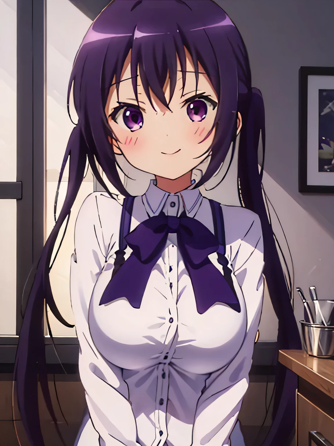 Rize Tedeza,Gochiusa,masterpiece,1 girl,big breasts,smilling,white shirt formal,room,whole body