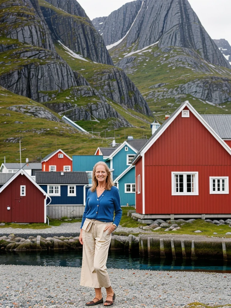 Liv Ullman, her name is Freydis, high quality, 1 old woman, ((50-year-old SLIM dutch woman)), ((50 years old)), (((wrinkled body))), ((((old body)))), (((LONG HAIR))), (((no make up))), (pale skin), (((blue eyes))), she is wearing stylish COLORFUL Generation X wear different colors, POSE: standing, classy, SEXY, BACKGROUND: outdoor: Lofoten Islands: Quaint fishing villages with traditional red or yellow wooden cabins (rorbuer) along the shoreline.