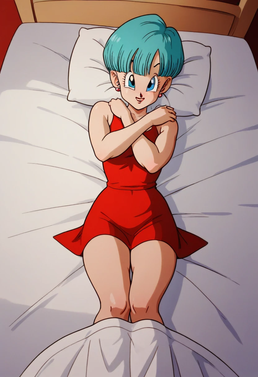 Bulma vestido red legs crossed in bed 