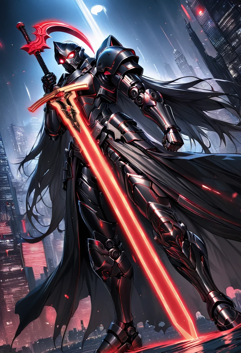 (Best quality,high resolution),Angel with huge golden laser sword,Black Armor, Have a pair of exquisite eyes,Raise the sickle,45 degree angle,Mechanical prosthesis,monochrome exposure,Dramatic Lighting,Cityscape with red holographic sci-fi projection,Sci-fi style.