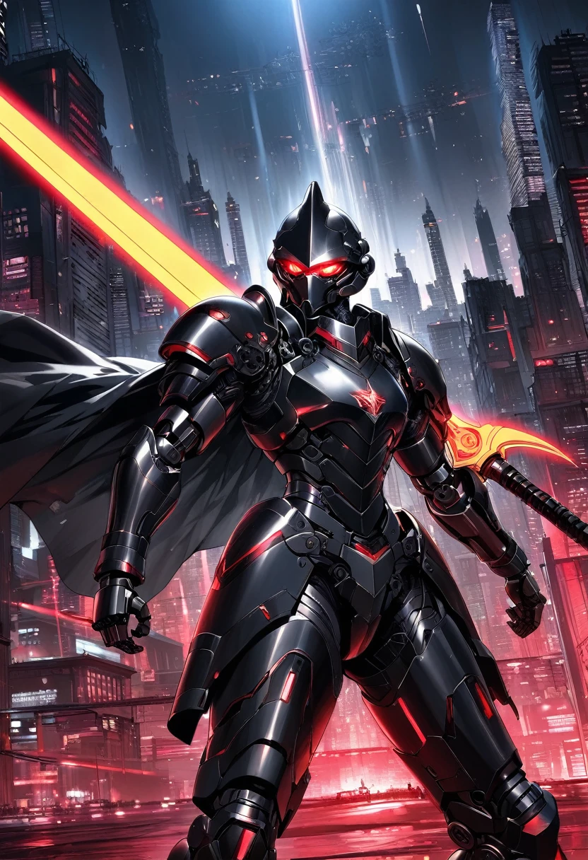 (Best quality,high resolution),Angel with huge golden laser sword,Black Armor,Hold the lightsaber high,45 degree angle,Mechanical prosthesis,monochrome exposure,Dramatic Lighting,Cityscape with red holographic sci-fi projection,Sci-fi style.
