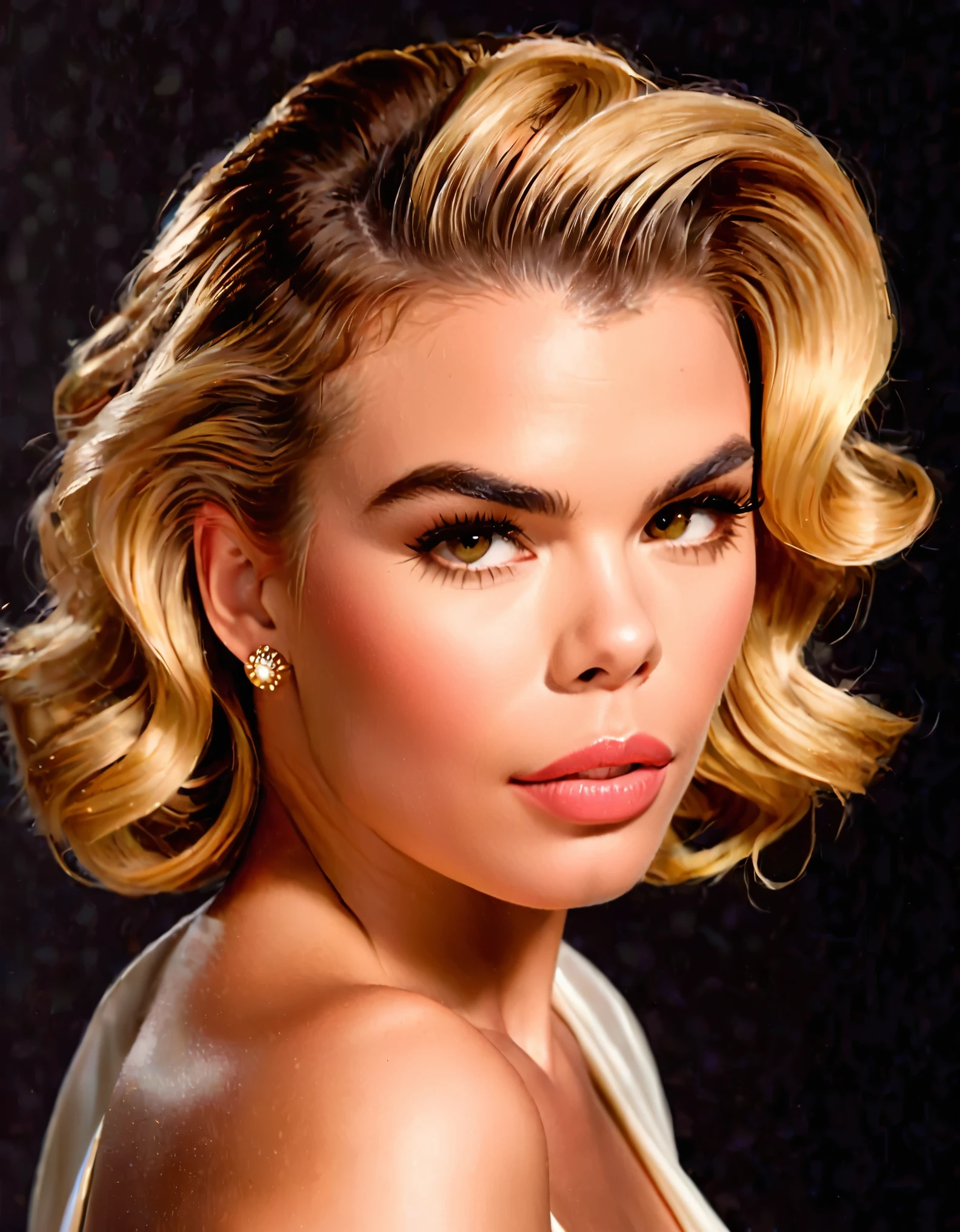 Generate a portrait of Billie Piper exuding timeless elegance and vintage glamour. Envision her in a classic Hollywood setting with soft, flattering lighting. Emphasize her features with a touch of sophistication, perhaps inspired by the golden age of Hollywood. Ultra Realistic photo, vibrant colors, 16k