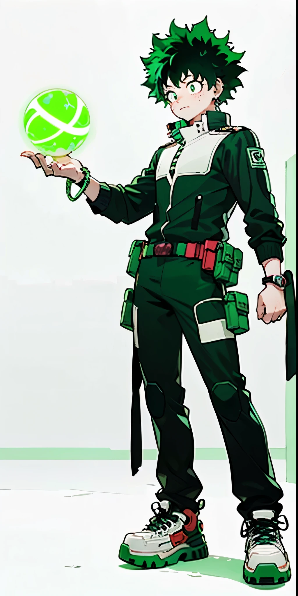 (((My Hero Academia Style))), (((Izuku Midoriya))), ((1boy)), (((solo))), ((Young Male)), ((single Character)), ((green eyes)), ((black eyeshadow)), ((ear piercings)), ((emo clothes)), ((punk clothes)), ((emo Style)), ((Punk Style)), ((Neon Green Glowing Symmetrical Cyberpunk Bracelets)), ((Symmetrical Cyberpunk Bracelets)), ((Neon Green Glowing Cyberpunk Bracelets)), ((Cyberpunk Bracelets)), ((Glowing Bracelets)), ((neon green bracelets)), ((neon green glowing bracelets)), ((red sneakers)), ((holding neon green energy orb)), ((holding energy orb)), ((holding orb neon green)), ((holding orb)), ((energy orb)), ((neon green energy orb)), ((perfect anatomy)), ((perfect hands)), ((perfect face)), ((super detailed)), 