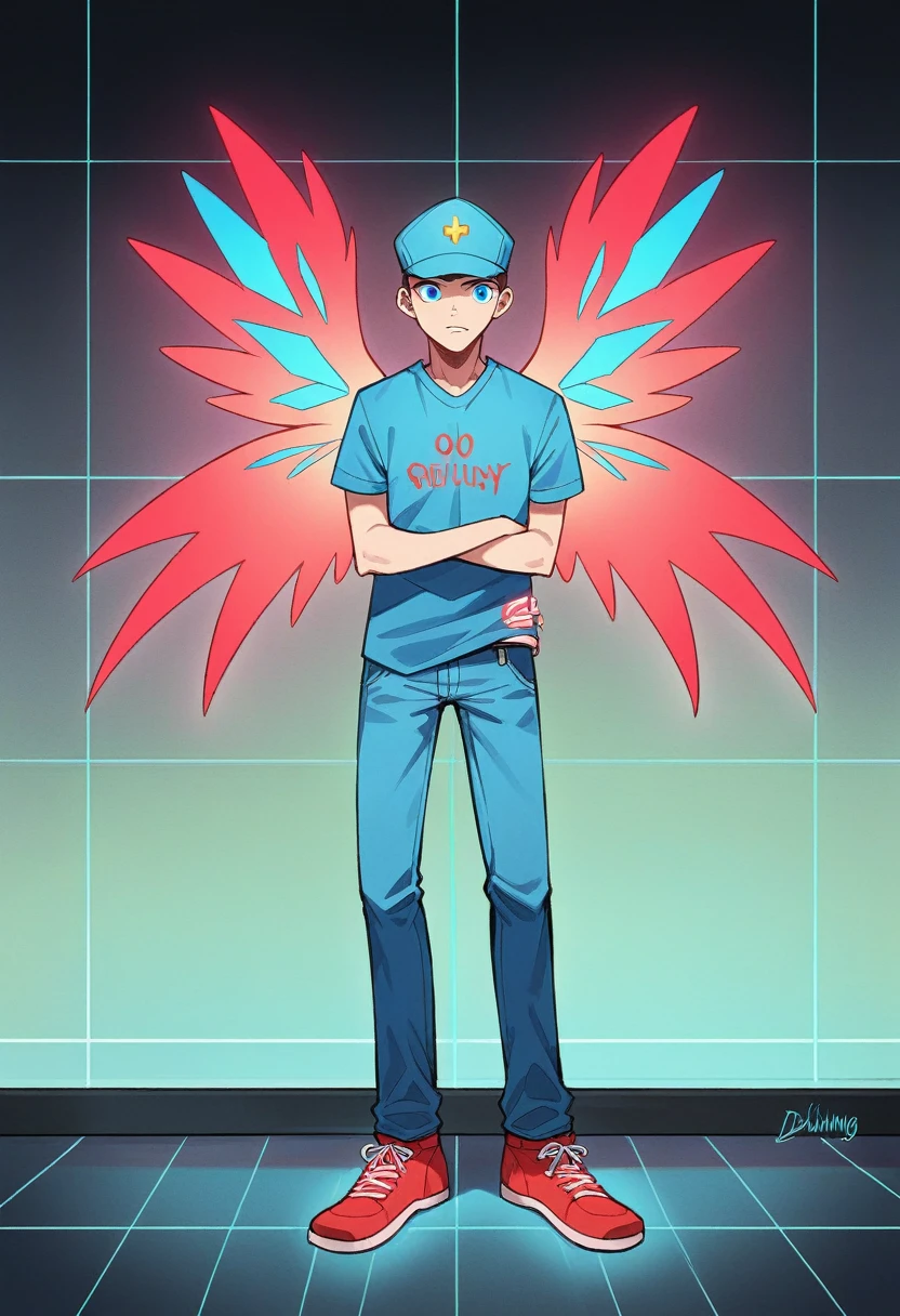 In this striking and futuristic scene, a mysterious individual stands confidently before a mesmerizing neon wall, illuminated in bright blue hues. The person is casually dressed, donning a navy blue T-shirt, navy blue cap, blue jeans, and red shoes, which contrasts boldly with the neon wings symmetrically placed on either side of the figure. The vibrant, bold blue neon quote "BLUEDAY91 UTHENTHAWAI" adds an inspiring touch to the composition. The floor, composed of reflective tiles, mirrors the grayish hue of the wall, creating a cohesive and captivating atmosphere that simultaneously motivates and lifts the spirit.