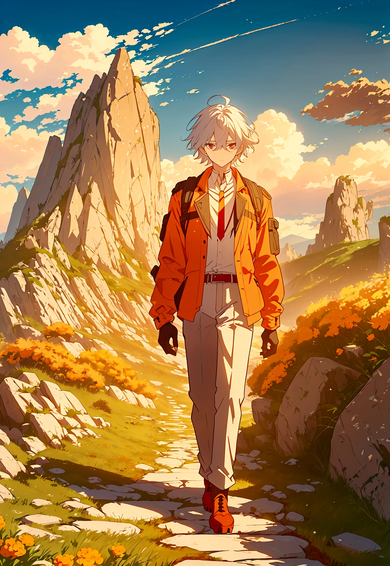 (8k, Best Quality, Masterpiece) an anime character/manga walking in a natural landscape. The character has white, messy hair., red eyes and determined expression. He wears a brown jacket with red details, a white shirt, dark pants and boots. He has a belt with various pockets and tools. The setting is a mountainous landscape with rock formations in the background and a stone path that crosses a field full of orange flowers. The atmosphere is calm and serene, with a combination of soft colors and well-defined details that enhance both the character and the environment.
