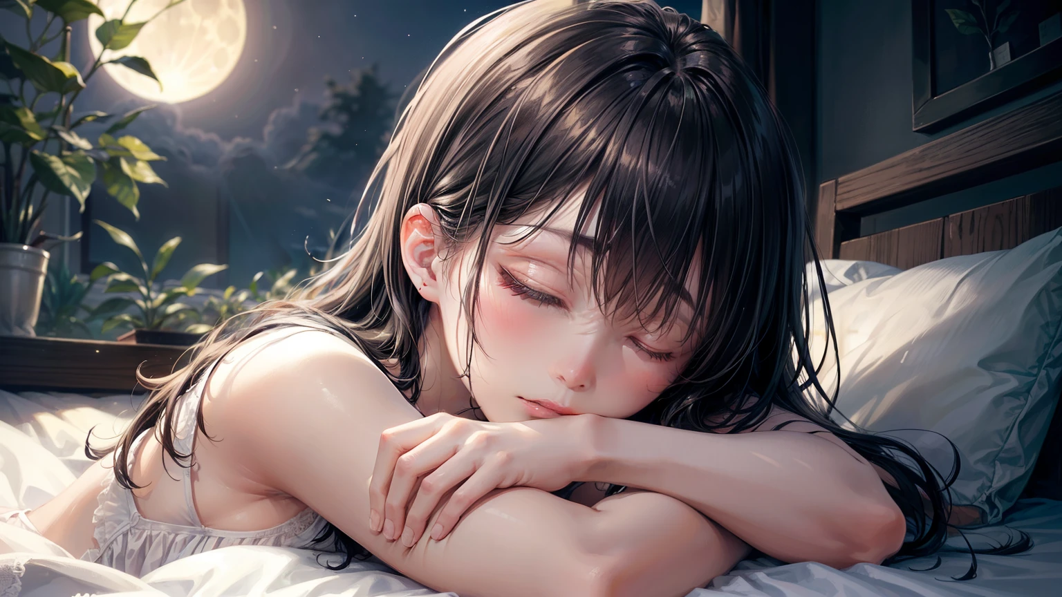 Midnight, beautiful girl, ((sleeping on bed in the bedroom)), White underwear, (Highest quality), (Very detailed),(Messy Hair), (girl), Beautiful attention to detail,Delicate and beautiful face, Exquisite detail, Highest quality, 8K, Soft colors, Gentle lighting,In a serene, An air of silence , (Night Moon), Painting the world with a gentle glow, 真Midnight, The room is dimly lit., (Dim lighting) , Moonlit Silence, (Gentle night air), Rest in peace, An air of silence, Put your face in the sheets
