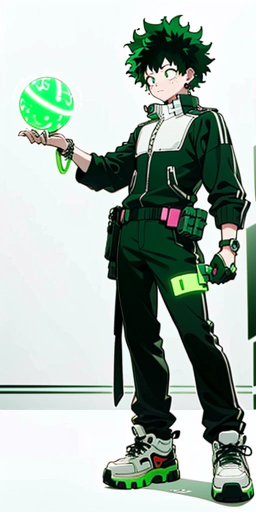 (((My Hero Academia Style))), (((Izuku Midoriya))), ((1boy)), (((solo))), ((Young Male)), ((single Character)), ((green eyes)), ((black eyeshadow)), ((ear piercings)), ((emo clothes)), ((punk clothes)), ((emo Style)), ((Punk Style)), ((Neon Green Glowing Symmetrical Cyberpunk Bracelets)), ((Symmetrical Cyberpunk Bracelets)), ((Neon Green Glowing Cyberpunk Bracelets)), ((Cyberpunk Bracelets)), ((Glowing Bracelets)), ((neon green bracelets)), ((neon green glowing bracelets)), ((red sneakers)), ((holding neon green energy orb)), ((holding energy orb)), ((holding orb neon green)), ((holding orb)), ((energy orb)), ((neon green energy orb)), ((perfect anatomy)), ((perfect hands)), ((perfect face)), ((super detailed)),