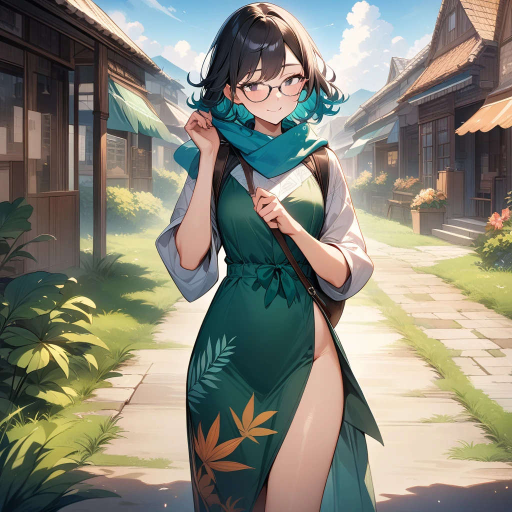 (masterpiece),(best quality),very aesthetic,(ultra-detailed),(super-fine illustration),nsfw,1girl,25yo,slender,tall,medium hair,black hair,natural wave hair,flipped hair,straw hat with leaf color ribbon,black eyes,enjoyable,happy,relaxing,walking,Humming a tune,a scarf around waist,glasses,aqua blue rucksack slung over shoulder, (dark green dress with gradient tropical pattern,side slit),country town scene,road leads to horizon,grassy field,cowboy shot,sideways glance
