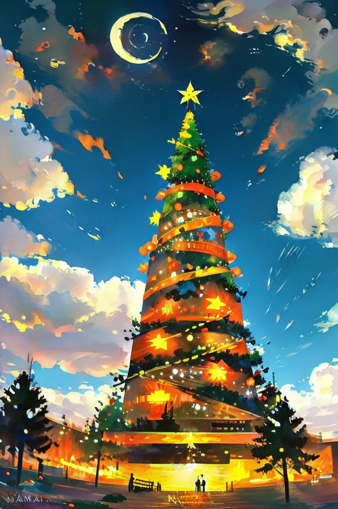 Painted in the style of modern art、In the center there is a big Christmas tree.、The image is surrounded by jack-o'-lanterns.。The tree is decorated in vibrant colors、It features a modern design。Around the tree、Elements that evoke the atmosphere of a Japanese festival are arranged in the space.、There is a festive and lively atmosphere。The overall color scheme is bright.、Bright sunlight shining in the background。