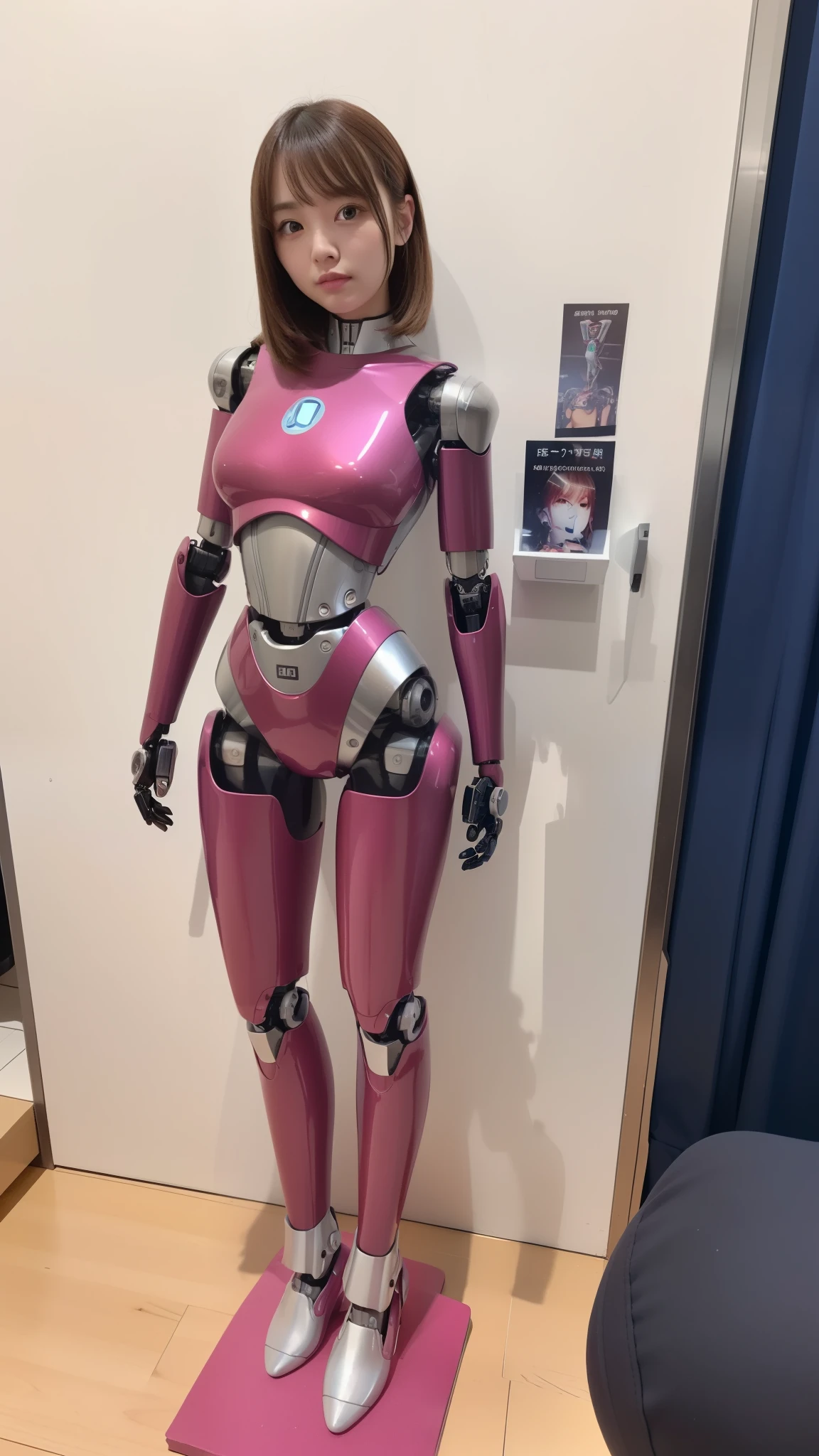 (Photorealsitic:1.4)、one robot woman、(top-quality)、(hyperdetailed face)、(Super well-formed face)、(Robot Parts)、(Female-Robot)、(25 years-old)、(Blue)、(pink there)、(Burgundy)、(metallic)、(full-body)、(sexy pose)、(Slender body)、(Model body type)、(full body mech)、(Akihabara)、(is looking at the camera)、(A brown-haired)、(Well-proportioned body)、(a small face)、(a small head)、(well-groomed fingers)、(Idol)、(front facing)、(Standing with legs open)、(Photo session)、(Looks sad)、(perfect-female-robot)、(perfect-mechanical-body)