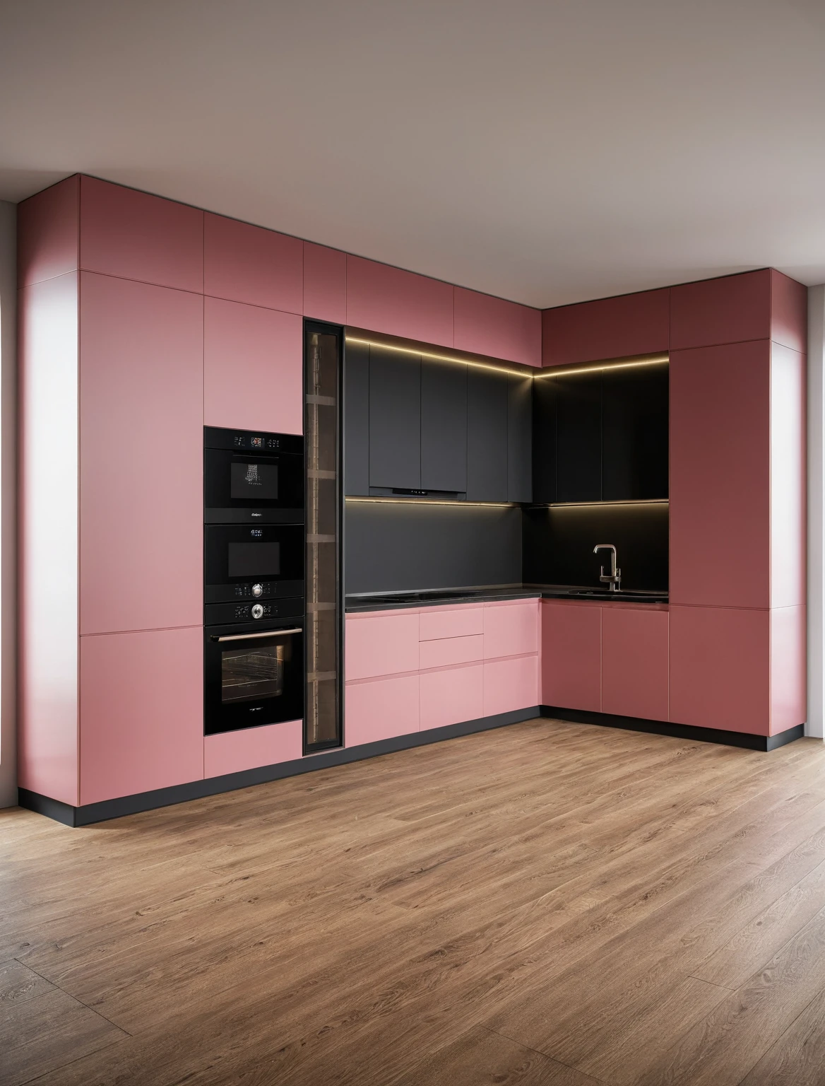 Raw photo,Masterpiece, high quality, best quality, authentic, super detail, interior , sunset, daylight, Kitchen Cabinets style modern, Induction cooker, sink, faucet, oven, built-in microwave, wooden floor, hood, wine cabinet, (black and pink tones)