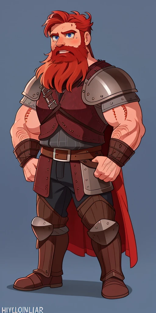 Ingólfr Einarr is a 40-year-old red-haired Viking man with a full beard, outgoing, muscular and very attractive, who wears his imposing medieval armor. hyper detailed and super realistic. cartoon style