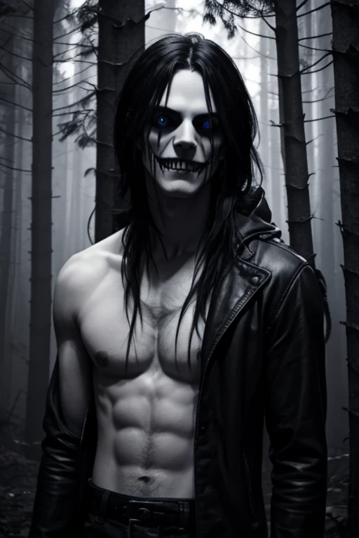 a creepy photo of jeff the killer, shirtless, in a dark eerie forest, high contrast lighting, detailed face, glowing eyes, sharp teeth, unsettling expression, horror, dark fantasy, dramatic shadows, moody cinematic lighting, dramatic fog, gloomy atmosphere, gothic, surreal, photorealistic, 8k, hyper detailed, masterpiece