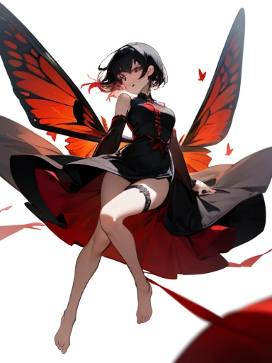 Women, White skin, medium breasts, short hair , black chinese dress. black hair, red butterflies around, cherry-colored ribbon tied to her thigh. whole body, barefoot, garters on her legs, two strands of long black braided hair, long red painted nails, lead colored eyes, a butterfly ornament in her hair, Red lips, flying body, looking at the viewer.