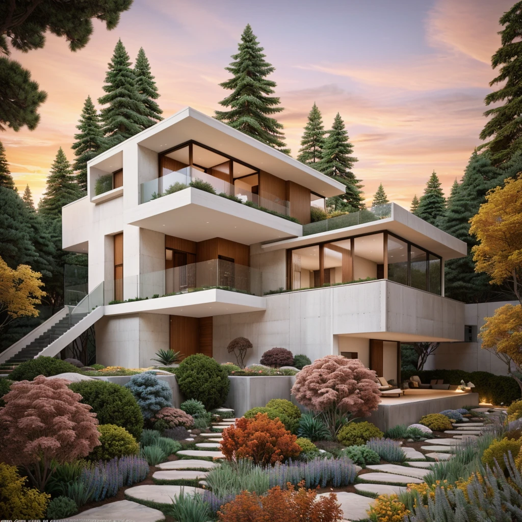 The MODERN HOUSE is located on the upper hill, (curly pathway in front of the house), white wall, concrete, glass windows, wood ceilings, lighting in the garden, ((big front yard)), court outside, rocky, in the middle Fall of pine forest, ((SUNSET))