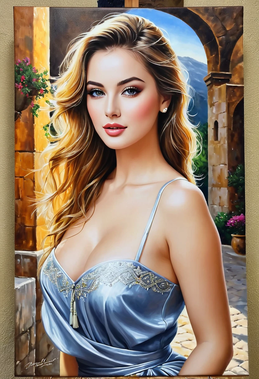 oil painting, ​masterpiece, Beautiful woman, ((unique beauty)), beautiful setting,