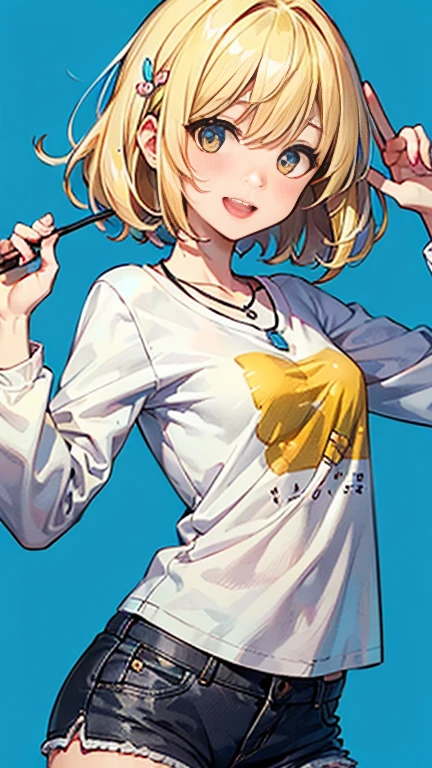 (AkiyamaYukari:1.25),
One Woman,
(Blonde:1.5),
(short,)Bobcut,
Early 20 years old,Natural skin texture,Narrow waist,Thin type,
(Asian Skin:1.9),Height: 168cm,Japanese Girl,,
Yellow eyes,Small breasts,Dressed securely,
((((T-Shirts:Long sleeve)))),
(((Shorts))),
((necklace)),
(Hair Accessories),
((ID photo:1.8,Plain cerulean blue background:1.6,Capture your subject from the front)),
expression(smile),upright posture,Open Mouth,Open eyes,blush,White teeth,
Natural depiction,
Beautiful depiction,
Shiny eyes,
Healthy Body,
Natural hairstyle,
Natural body contours,
Natural facial contours,
(Five fingers)Absolute depiction,Symmetrical fingers,
Two arms,
Two legs,
Sharp eyelid depiction,
Symmetrical eyes,Symmetrical eyes,
Keep the subject in the center,Expand the upper body,
Beautiful image quality,
Delicate shades,
4K,Very detailed,
Delicate light adjustment,
Delicate contour drawing,
