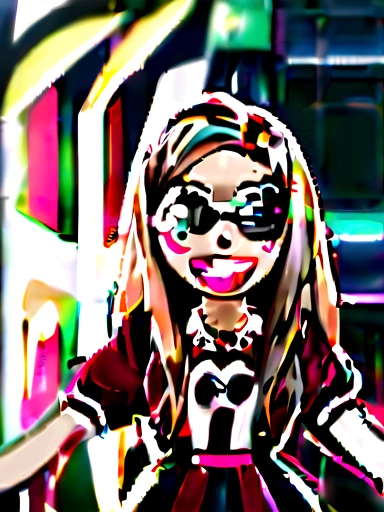 Pixar style image with 3D character black glasses woman long straight hair dark brown eyes dancing with open arms or holding a cake, or saying good morning, Disney makeup,fisherman, cute, smiling ,close up, pixar, Disney, cinema lighting,