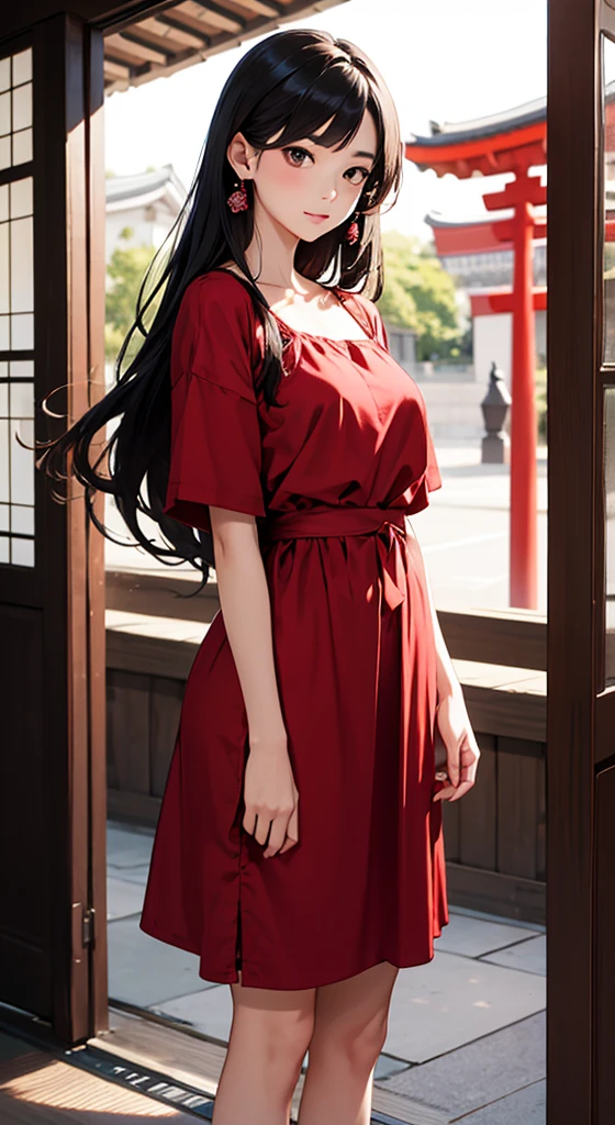 Arafed Asian woman in red dress poses for photo, Illustration by Torii Kiyomoto, tumbler, What it is？, Wearing a red dress, Wearing a red dress, 女の子はWearing a red dressいる, Yoshitomo Nara, young asian girl, Yasumoto Oka, Long haired asian girl, Wearing a red sundress