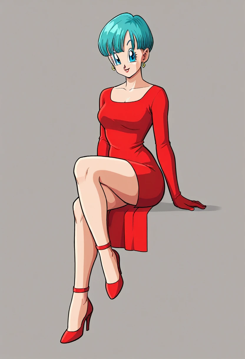 Bulma red dress legs crossed 