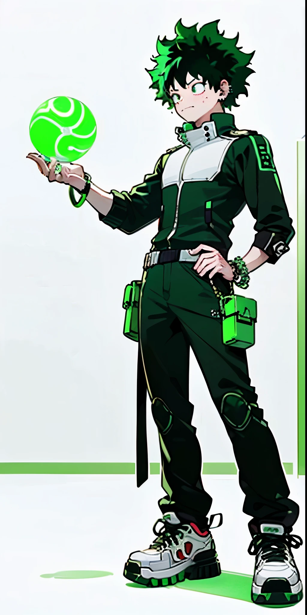 (((My Hero Academia Style))), (((Izuku Midoriya))), ((1boy)), (((solo))), ((Young Male)), ((single Character)), ((green eyes)), ((black eyeshadow)), ((ear piercings)), ((emo clothes)), ((punk clothes)), ((emo Style)), ((Punk Style)), ((Neon Green Glowing Symmetrical Cyberpunk Bracelets)), ((Symmetrical Cyberpunk Bracelets)), ((Neon Green Glowing Cyberpunk Bracelets)), ((Cyberpunk Bracelets)), ((Glowing Bracelets)), ((neon green bracelets)), ((neon green glowing bracelets)), ((red sneakers)), ((holding neon green energy orb)), ((holding energy orb)), ((holding orb neon green)), ((holding orb)), ((energy orb)), ((neon green energy orb)), ((perfect anatomy)), ((perfect hands)), ((perfect face)), ((super detailed)), 